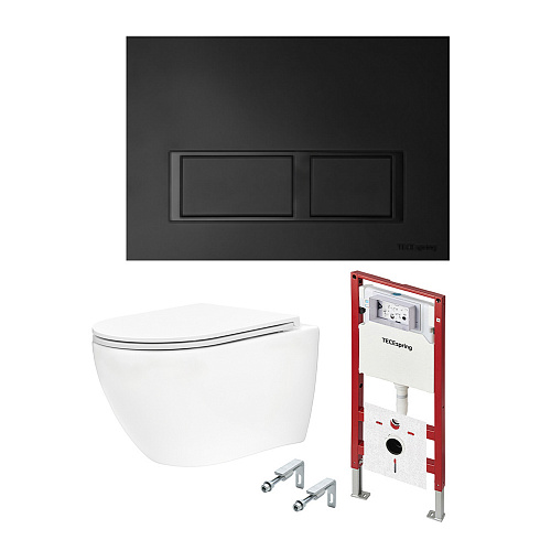 Унитаз с инсталяцией комплект TECEspring Base, панель смыва с прямоугольными кнопками, черный матовый, унитаз модель R