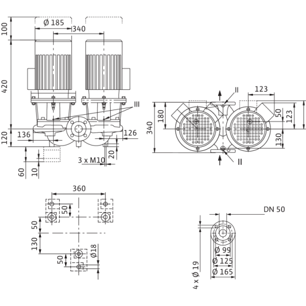 Циркуляционный насос с сухим ротором в исполнении Inline с фланцевым соединением Wilo CronoTwin-DL 50/160-0,75/4