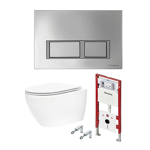 Унитаз с инсталяцией комплект TECEspring Base, панель смыва с прямоугольными кнопками, хром глянцевый, унитаз модель R