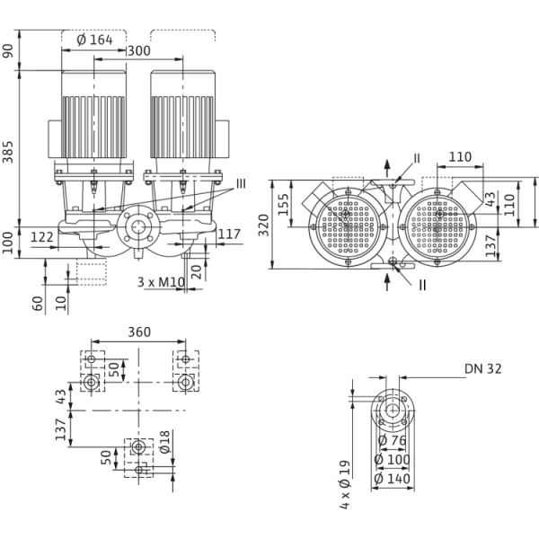 Циркуляционный насос с сухим ротором в исполнении Inline с фланцевым соединением Wilo CronoTwin-DL 32/150-0,37/4