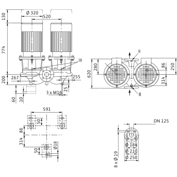 Циркуляционный насос с сухим ротором в исполнении Inline с фланцевым соединением Wilo CronoTwin-DL 125/250-11/4