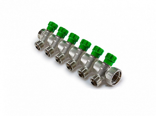 Коллектор распределительный 1" н.р. - в.р. с 6 отводами 45° - 3/4"ЕК (евроконус) TIM