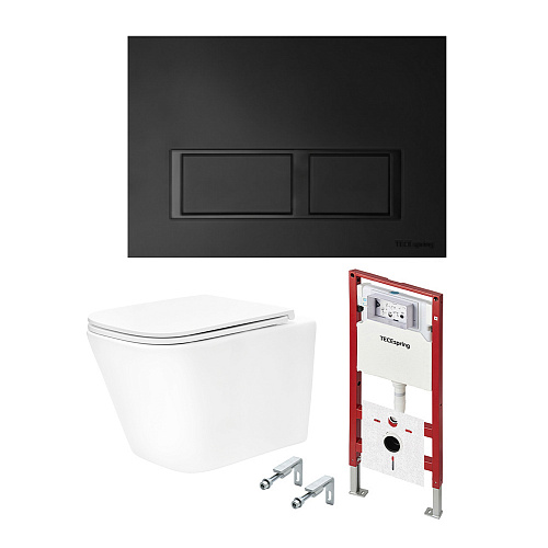 Унитаз с инсталяцией комплект TECEspring Base, панель смыва с прямоугольными кнопками, черный матовый, унитаз модель S