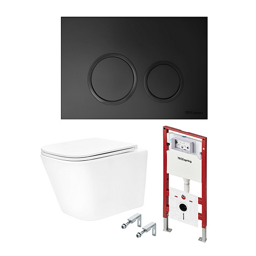 Унитаз с инсталяцией комплект TECEspring Base, панель смыва с круглыми кнопками, черный матовый, унитаз модель S