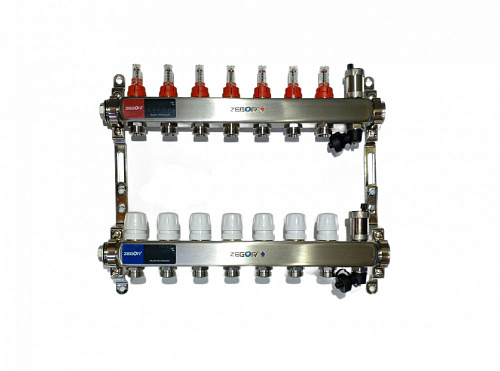 Коллекторная группа Zegor из нержавеющей стали 1" на 11 контуров с расходомерами и автоматическим воздухоотводчиком